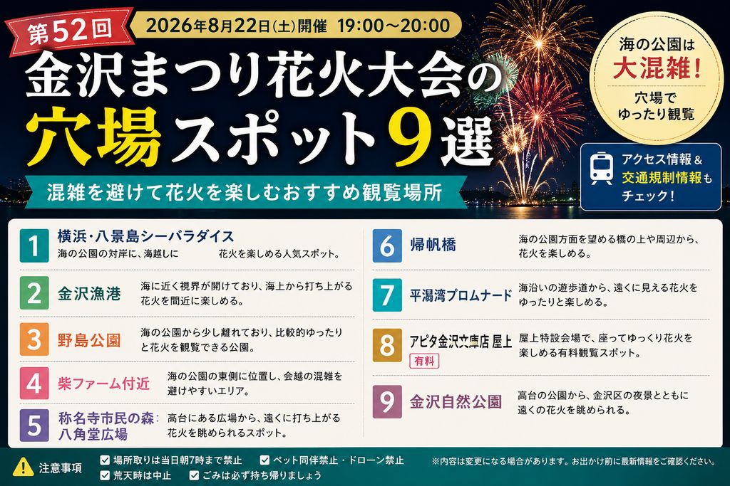 【2026年】第52回金沢まつり花火大会の穴場スポット9選！混雑回避でゆったり鑑賞